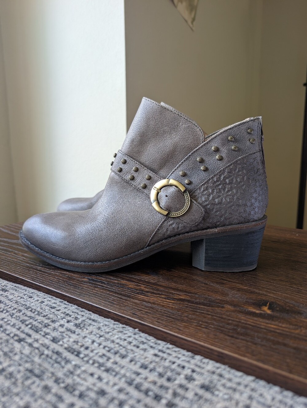 Halsa Footwear Melania Gray Studded Floral Embossed Ankle Boot Booties
